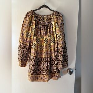 VTG 60,70s LinenHempYellowBrownRed Floral Boho mini off shoulder Dress S